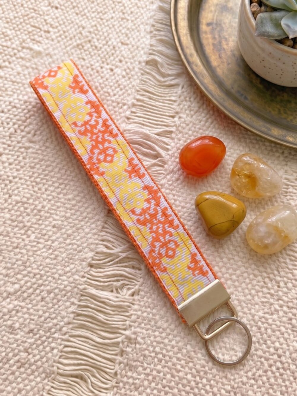 New Handmade Orange Yellow Damask Geometric Ribbon Key Fob Wristlet